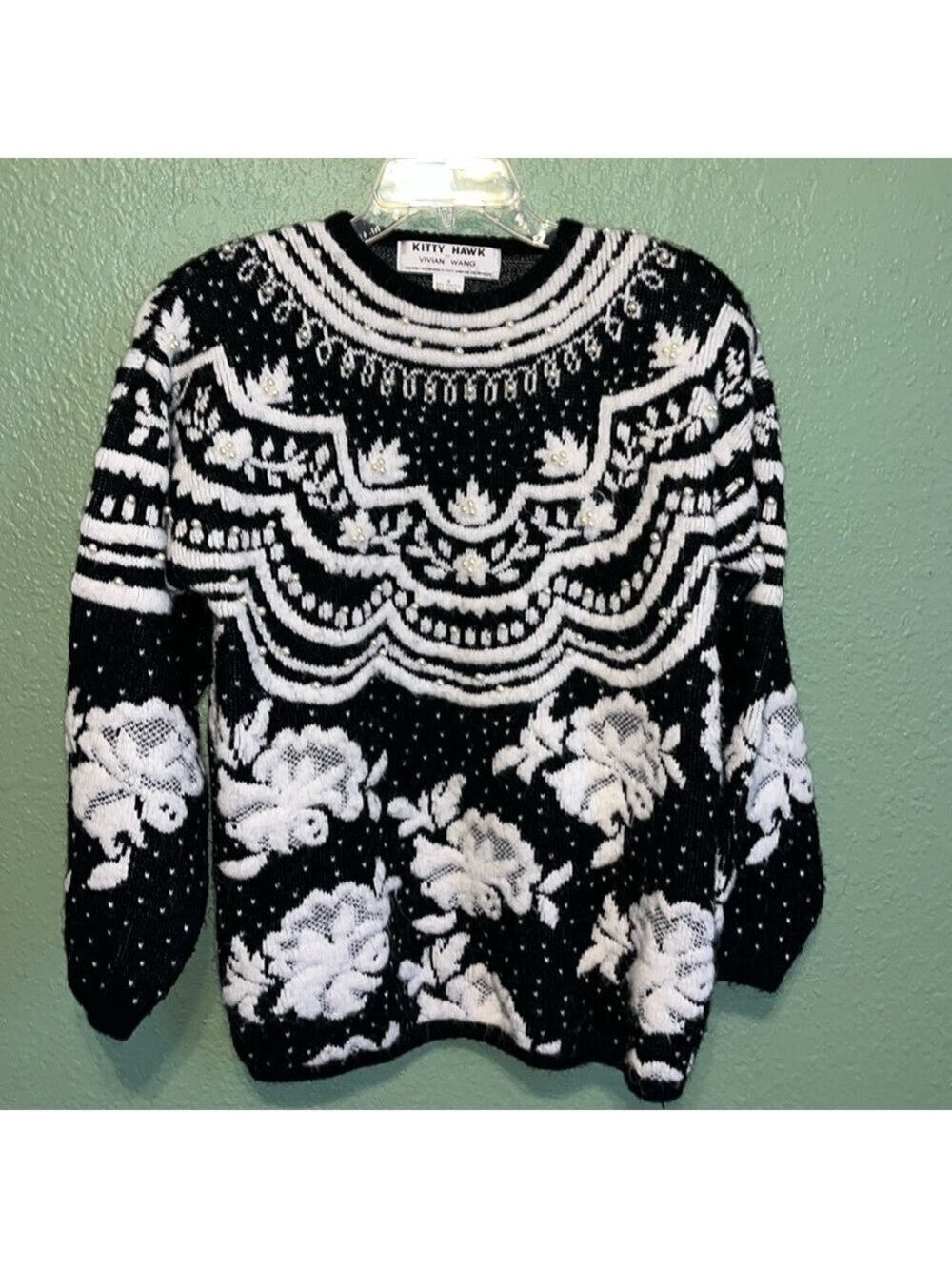 Vintage Kitty Hawk Vivian Wang black and floral sweater with faux pearl beads